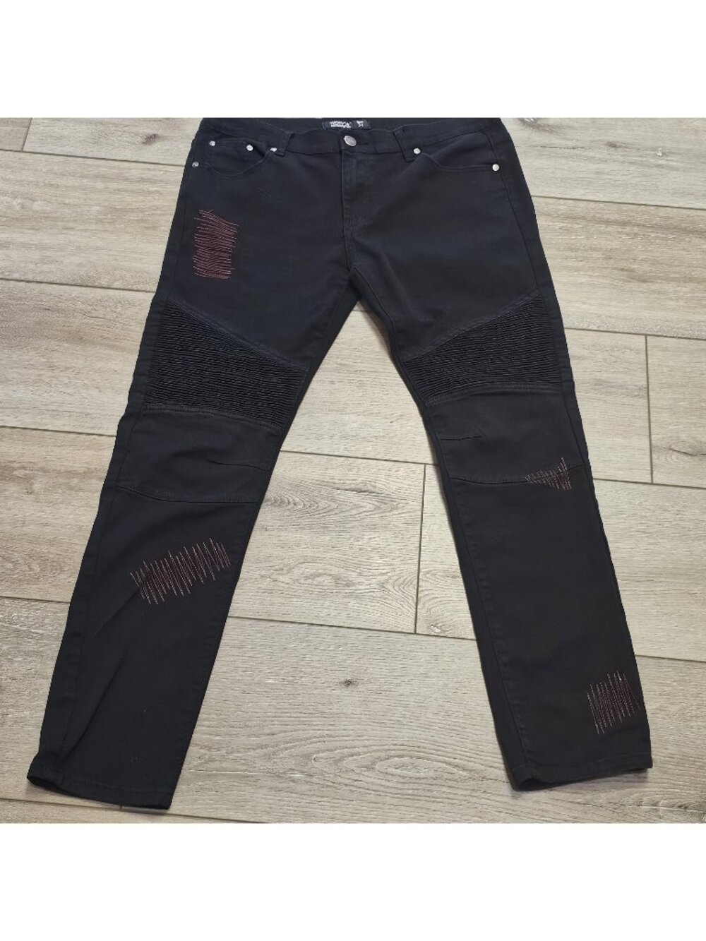 Trestles Supply Co Black Moto Jeans Mens Size 34 Distressed Biker Skinny Red...